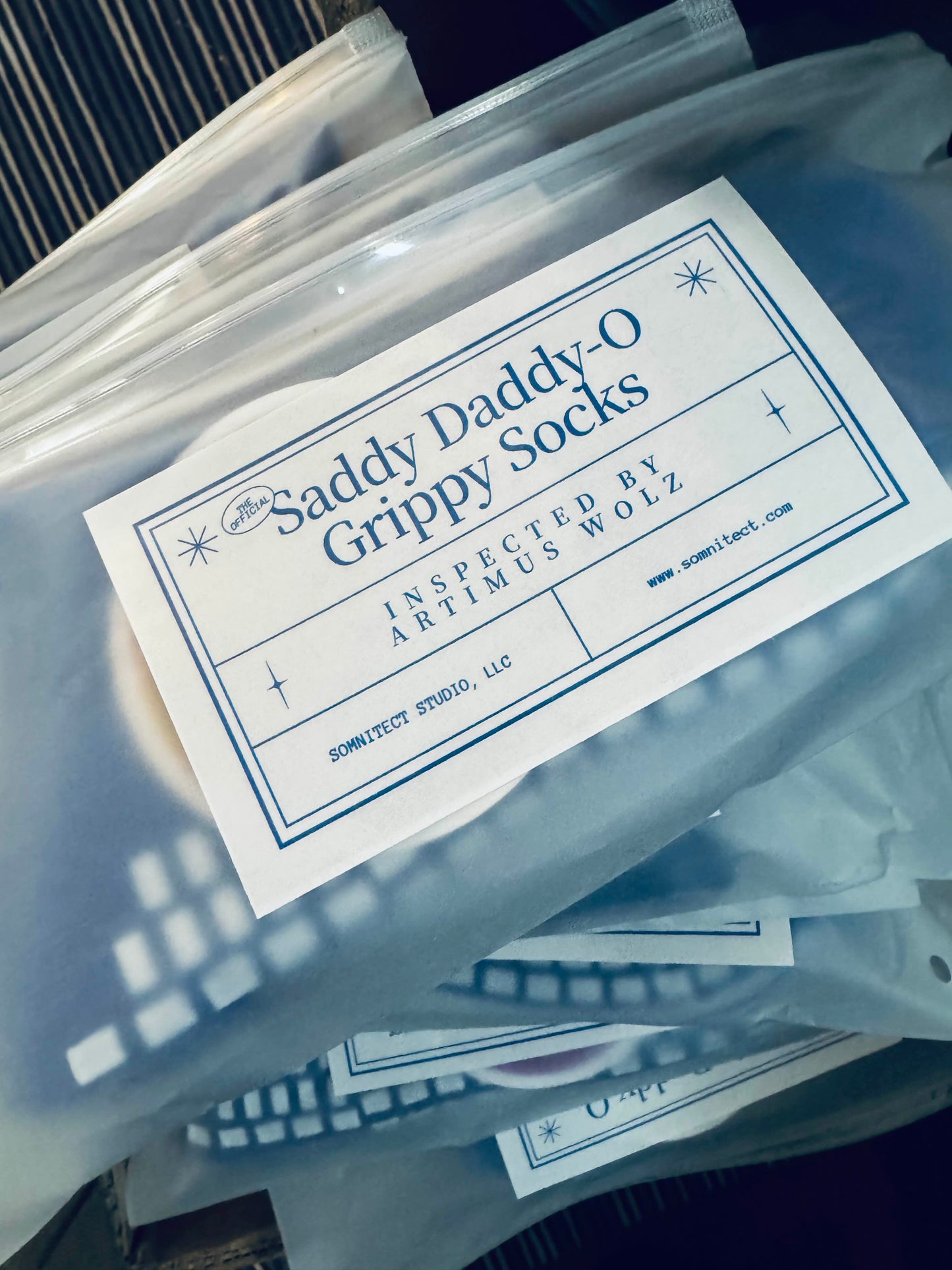 LIMITED EDITION Saddy Daddy-O Blue Grippy Socks w/free Sticker